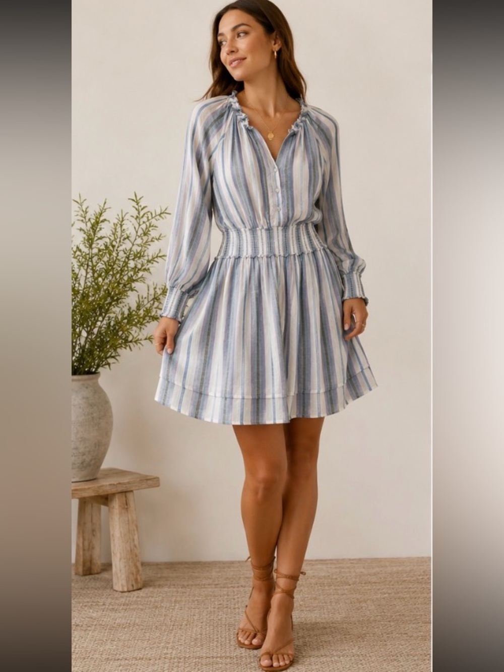 Rails coastal Jasmine Striped Linen blend mini Dress smocked waist long sleeve S
